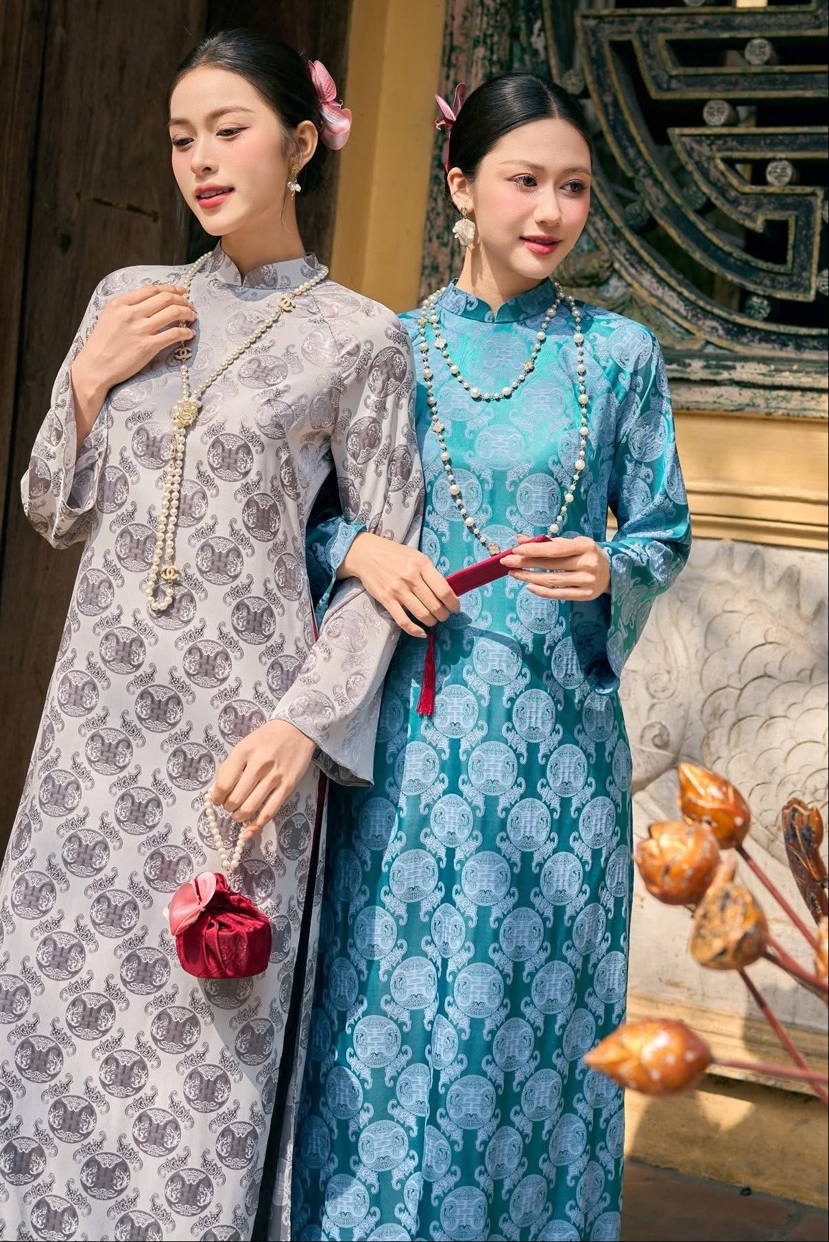 Áo Dài Set for Women - Traditional Vietnamese Dress in Teal Blue & Silver Grey | Wedding Guest, Tết - Tea Ceremony Outfit