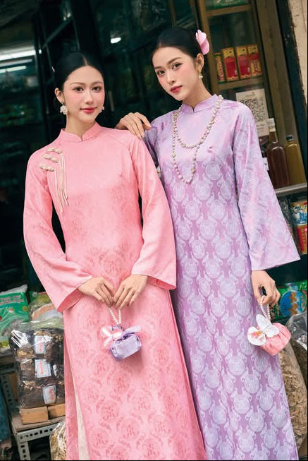 Pink Vietnamese Traditional Dress with pants • Double Layer Ao Dai for Lunar New Year Tet Outfit • Elegant Heritage Wedding Guest Dress