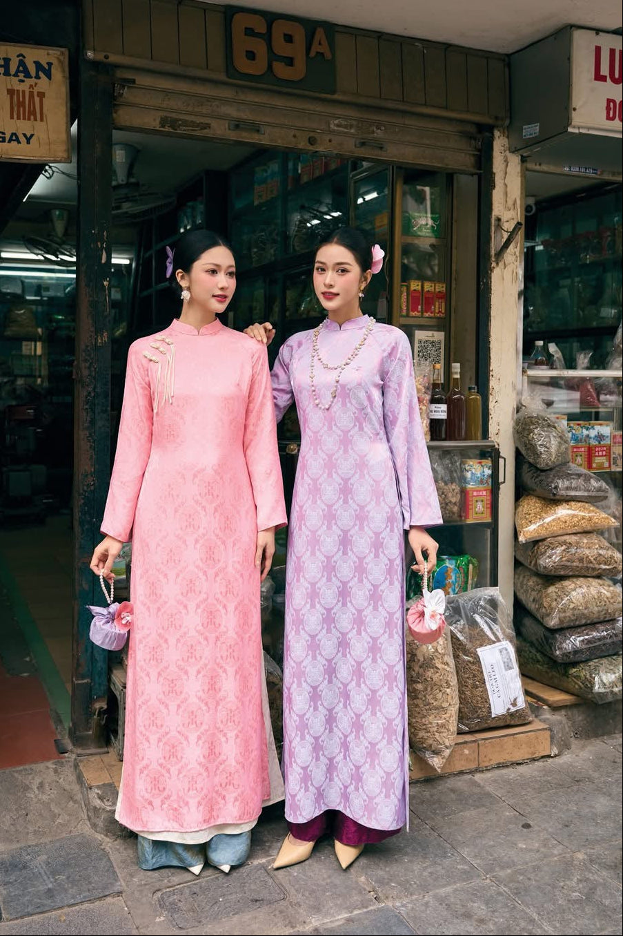 Pink Vietnamese Traditional Dress with pants • Double Layer Ao Dai for Lunar New Year Tet Outfit • Elegant Heritage Wedding Guest Dress