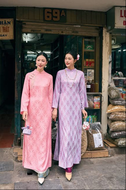 Pink Vietnamese Traditional Dress with pants • Double Layer Ao Dai for Lunar New Year Tet Outfit • Elegant Heritage Wedding Guest Dress