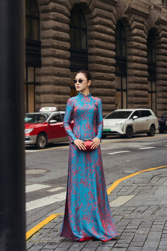 Teal Blue Silk Ao Dai Set • Traditional Vietnamese Long Dress with pants • Elegant Tết Holiday & Tea Ceremony Outfit