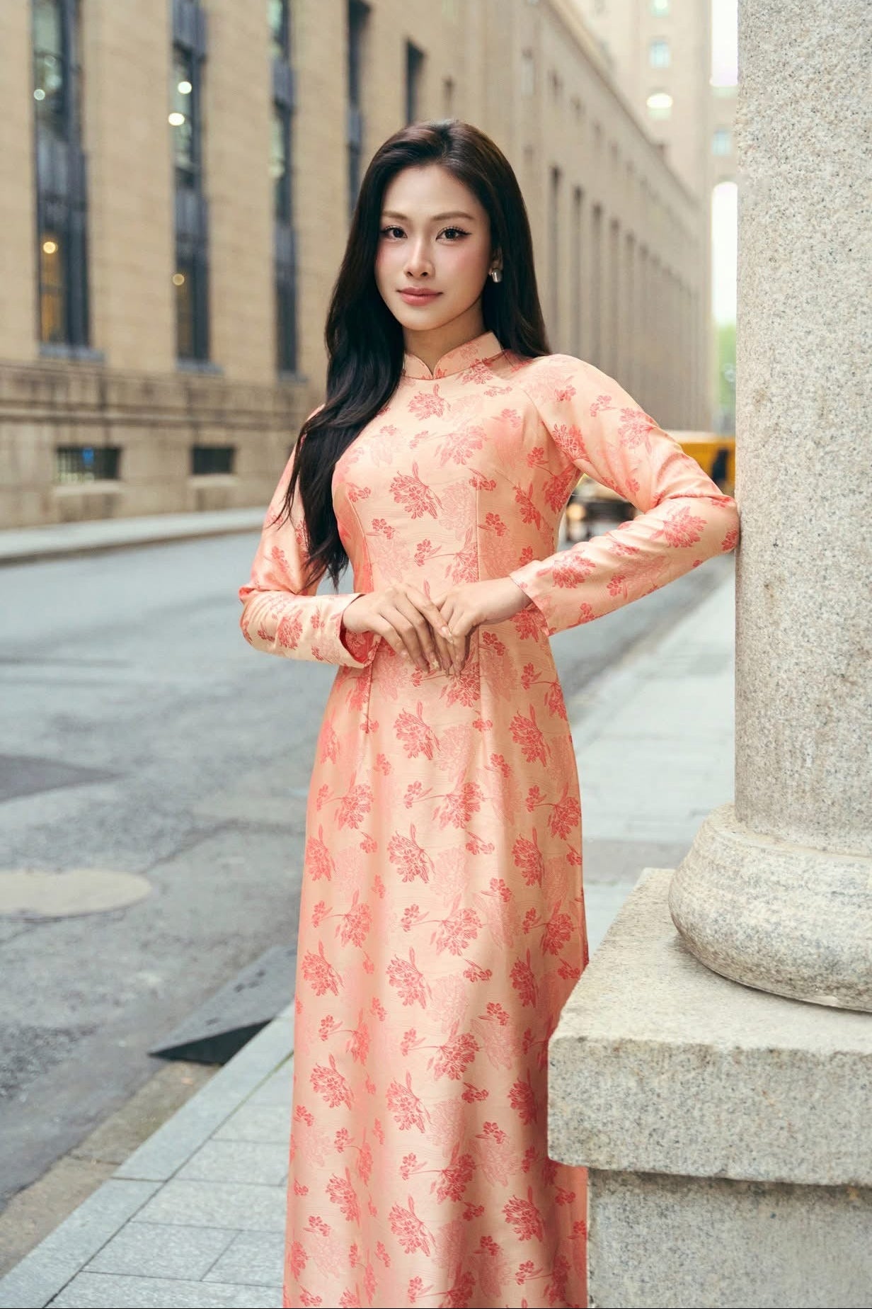 Peach Pink Ao Dai Set • Traditional Vietnamese Long Dress with Red Floral Jacquard • Elegant Tết Holiday & Wedding Guest Outfit
