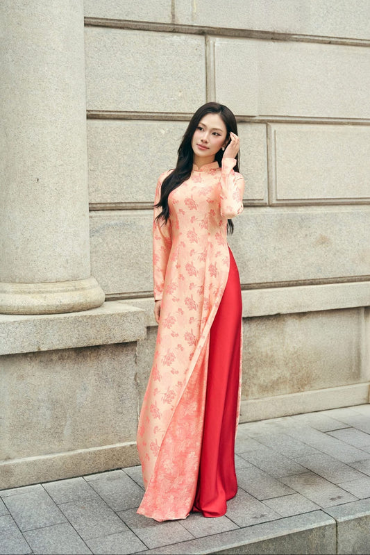 Peach Pink Ao Dai Set • Traditional Vietnamese Long Dress with Red Floral Jacquard • Elegant Tết Holiday & Wedding Guest Outfit