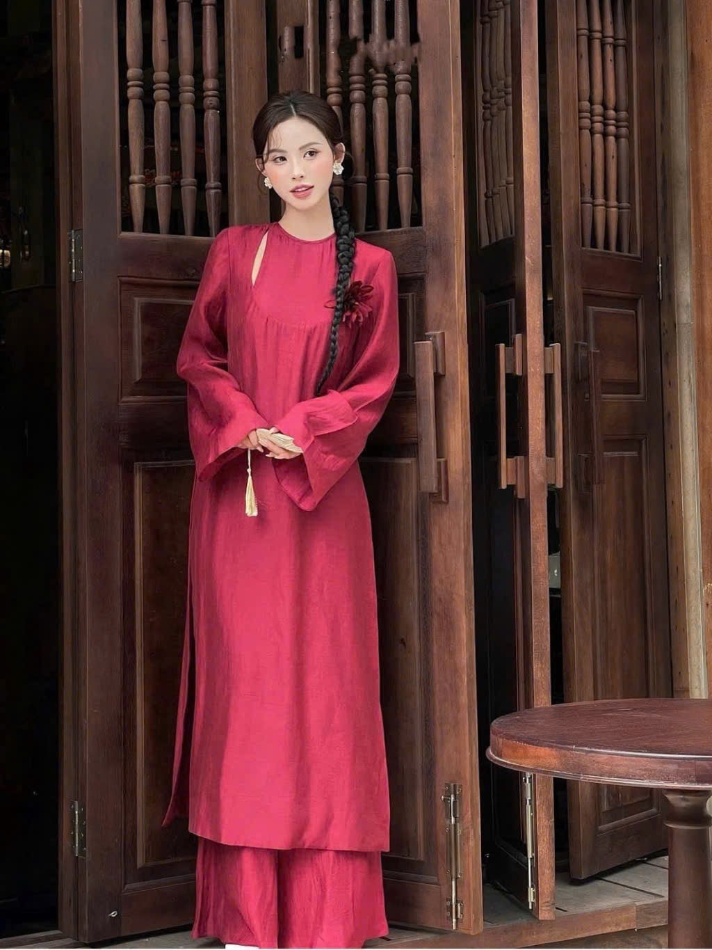 Red Áo Dài Set - Vietnamese Dress | Loose Fit Flowing Tunic & Wide Pants | Tea Ceremony, Wedding Guest - Tết Outfit