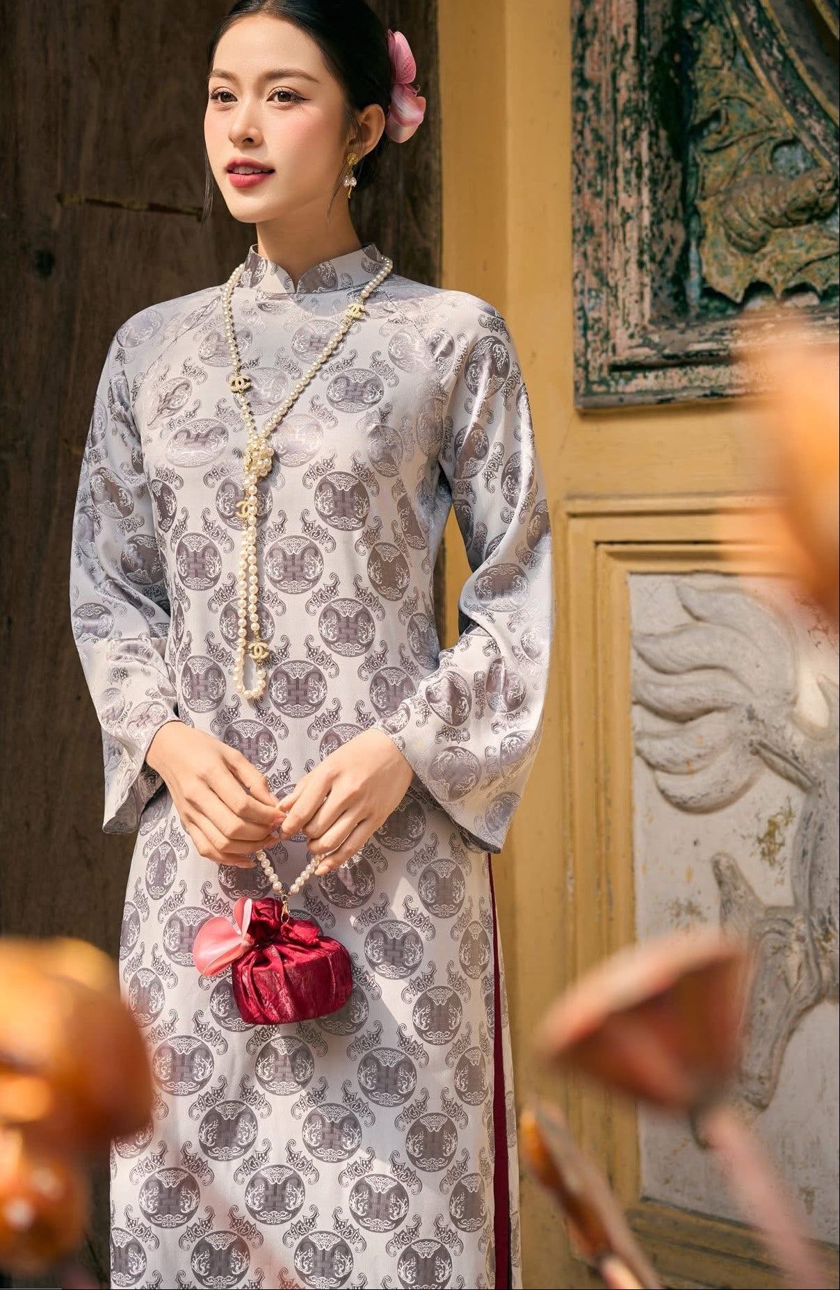 Áo Dài Set for Women - Traditional Vietnamese Dress in Teal Blue & Silver Grey | Wedding Guest, Tết - Tea Ceremony Outfit