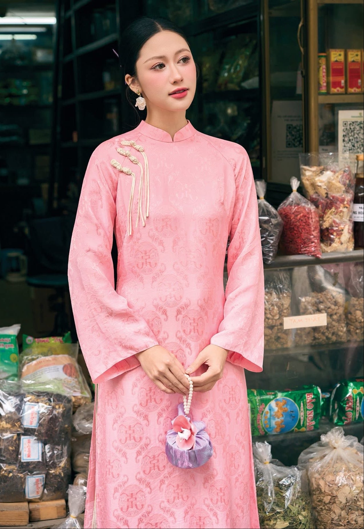Pink Vietnamese Traditional Dress with pants • Double Layer Ao Dai for Lunar New Year Tet Outfit • Elegant Heritage Wedding Guest Dress