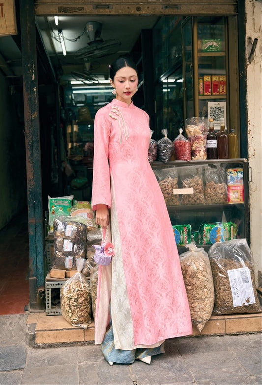 Pink Vietnamese Traditional Dress with pants • Double Layer Ao Dai for Lunar New Year Tet Outfit • Elegant Heritage Wedding Guest Dress