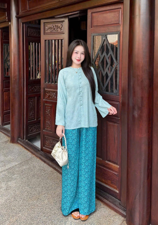 Traditional Vietnamese Áo Bà Ba Set - Blue Cultural Festivals & Temple Visits | Everyday Heritage Wear