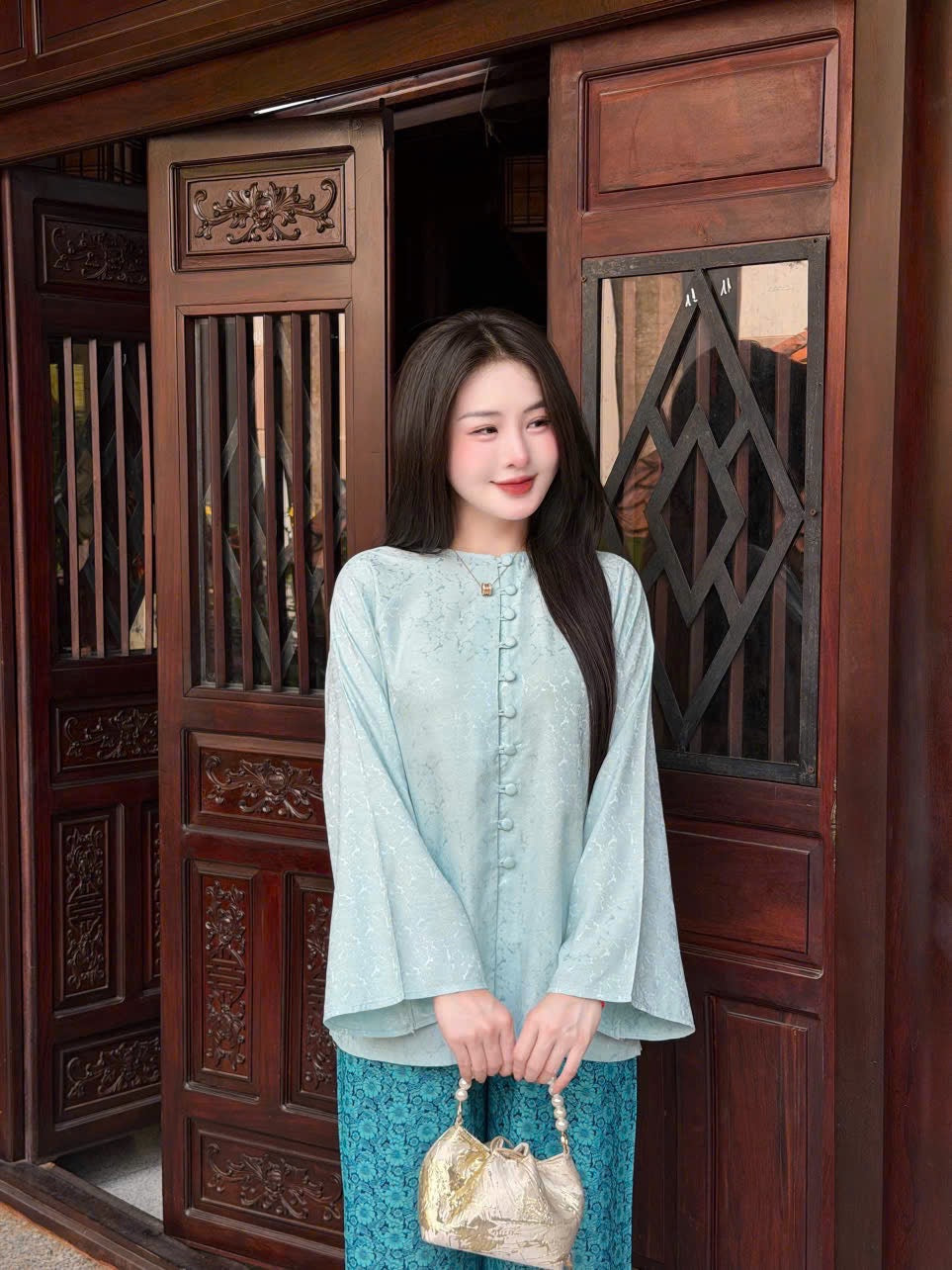 Traditional Vietnamese Áo Bà Ba Set - Blue Cultural Festivals & Temple Visits | Everyday Heritage Wear