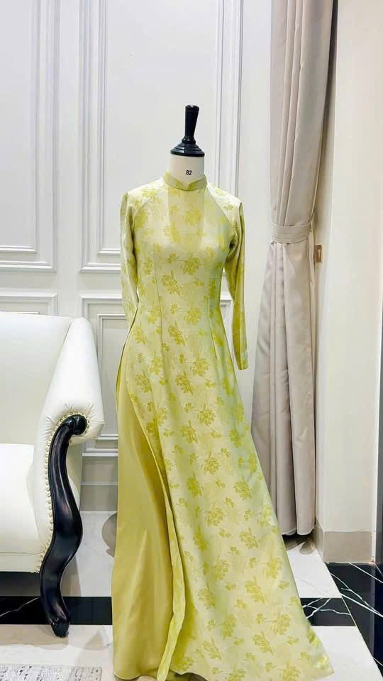 Lime Green Floral Ao Dai Set - Traditional Vietnamese Dress with Trousers, Modern Floral Jacquard Pattern, Wedding & Lunar New Year Outfit