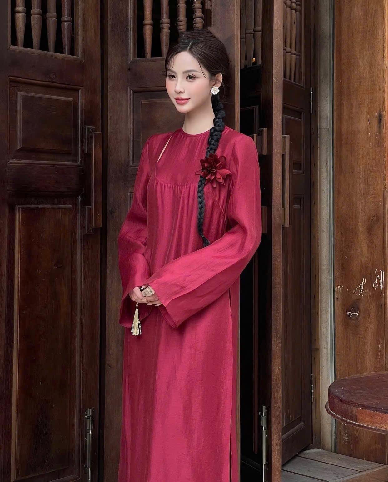 Red Áo Dài Set - Vietnamese Dress | Loose Fit Flowing Tunic & Wide Pants | Tea Ceremony, Wedding Guest - Tết Outfit