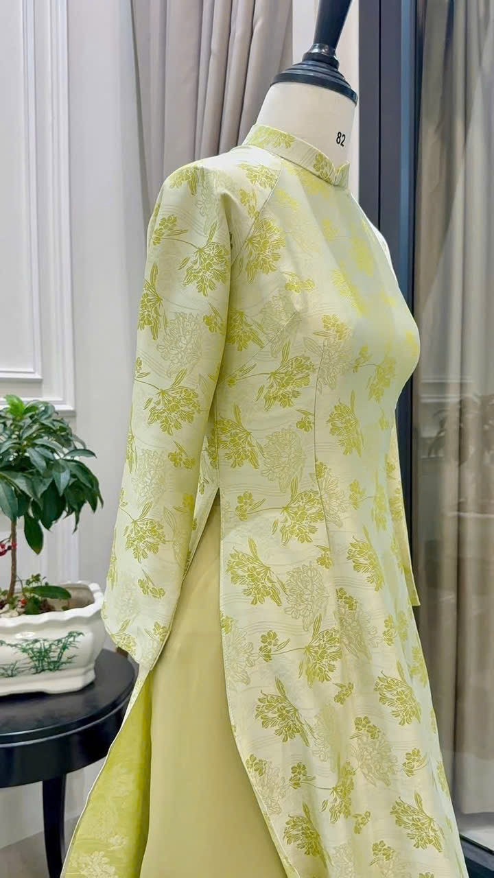 Lime Green Floral Ao Dai Set - Traditional Vietnamese Dress with Trousers, Modern Floral Jacquard Pattern, Wedding & Lunar New Year Outfit