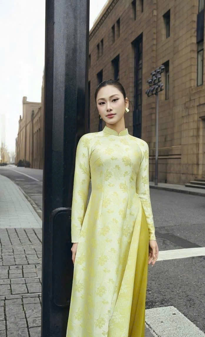 Lime Green Floral Ao Dai Set - Traditional Vietnamese Dress with Trousers, Modern Floral Jacquard Pattern, Wedding & Lunar New Year Outfit