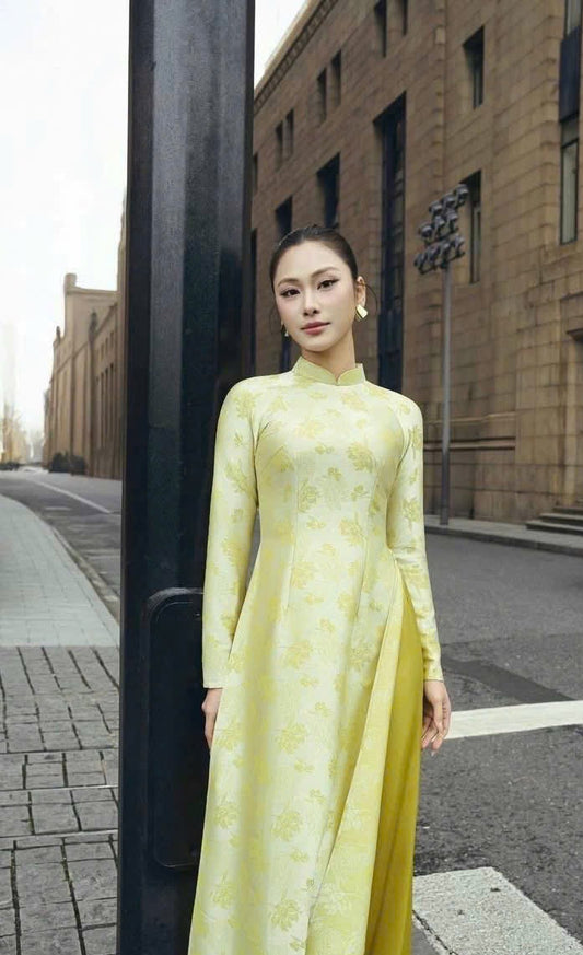 Lime Green Floral Ao Dai Set - Traditional Vietnamese Dress with Trousers, Modern Floral Jacquard Pattern, Wedding & Lunar New Year Outfit