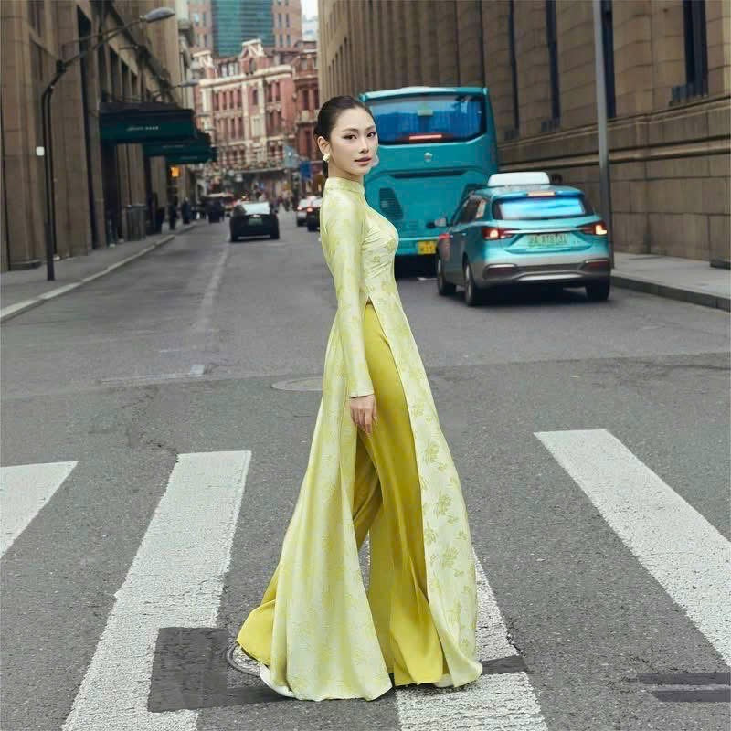 Lime Green Floral Ao Dai Set - Traditional Vietnamese Dress with Trousers, Modern Floral Jacquard Pattern, Wedding & Lunar New Year Outfit