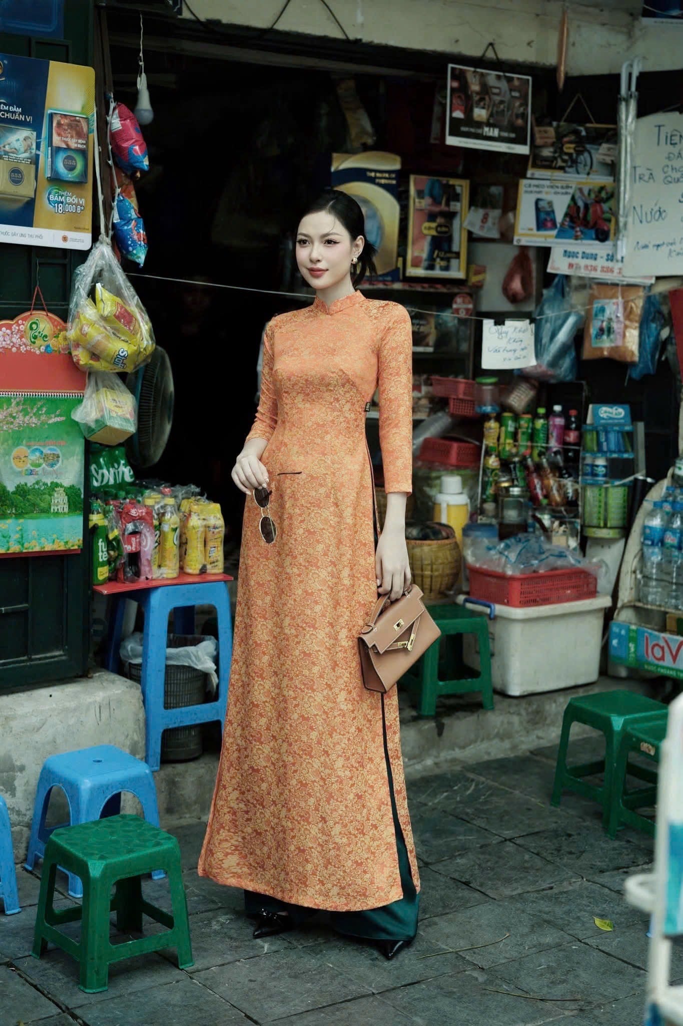Orange Áo Dài Set with Green Silk Trousers | Vietnamese Traditional Formal Wear