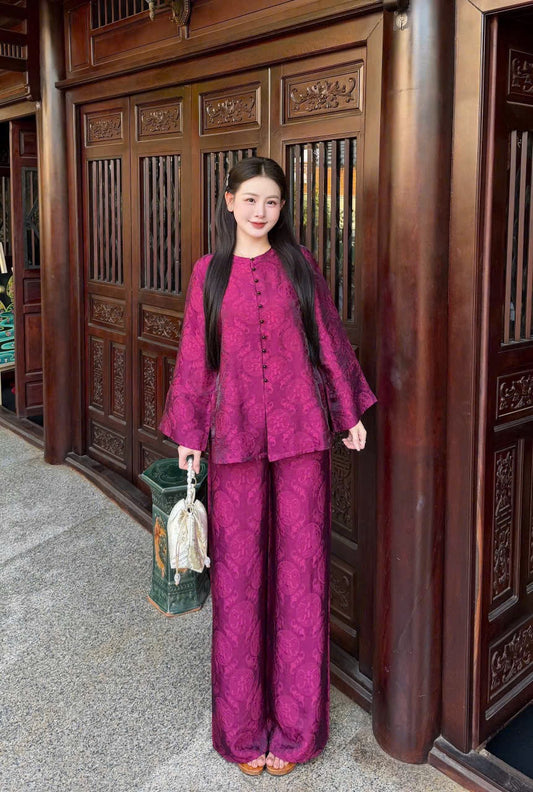 Traditional Vietnamese Áo Bà Ba Set - Plum Tunic with Wide-Leg Pants | Southern Vietnam Heritage Wear | Festive Wedding & Tết Outfit
