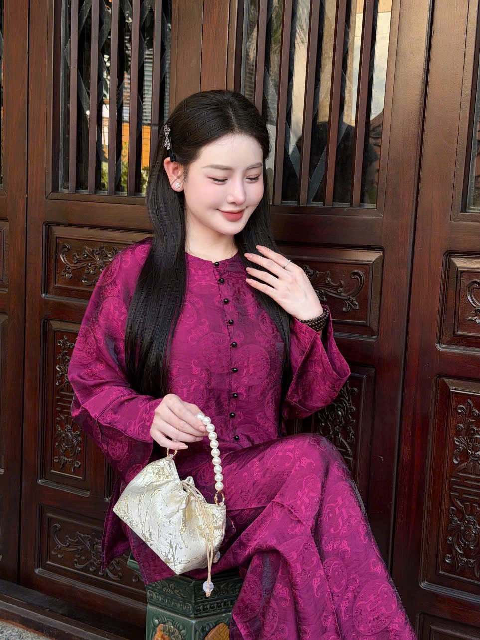 Traditional Vietnamese Áo Bà Ba Set - Plum Tunic with Wide-Leg Pants | Southern Vietnam Heritage Wear | Festive Wedding & Tết Outfit
