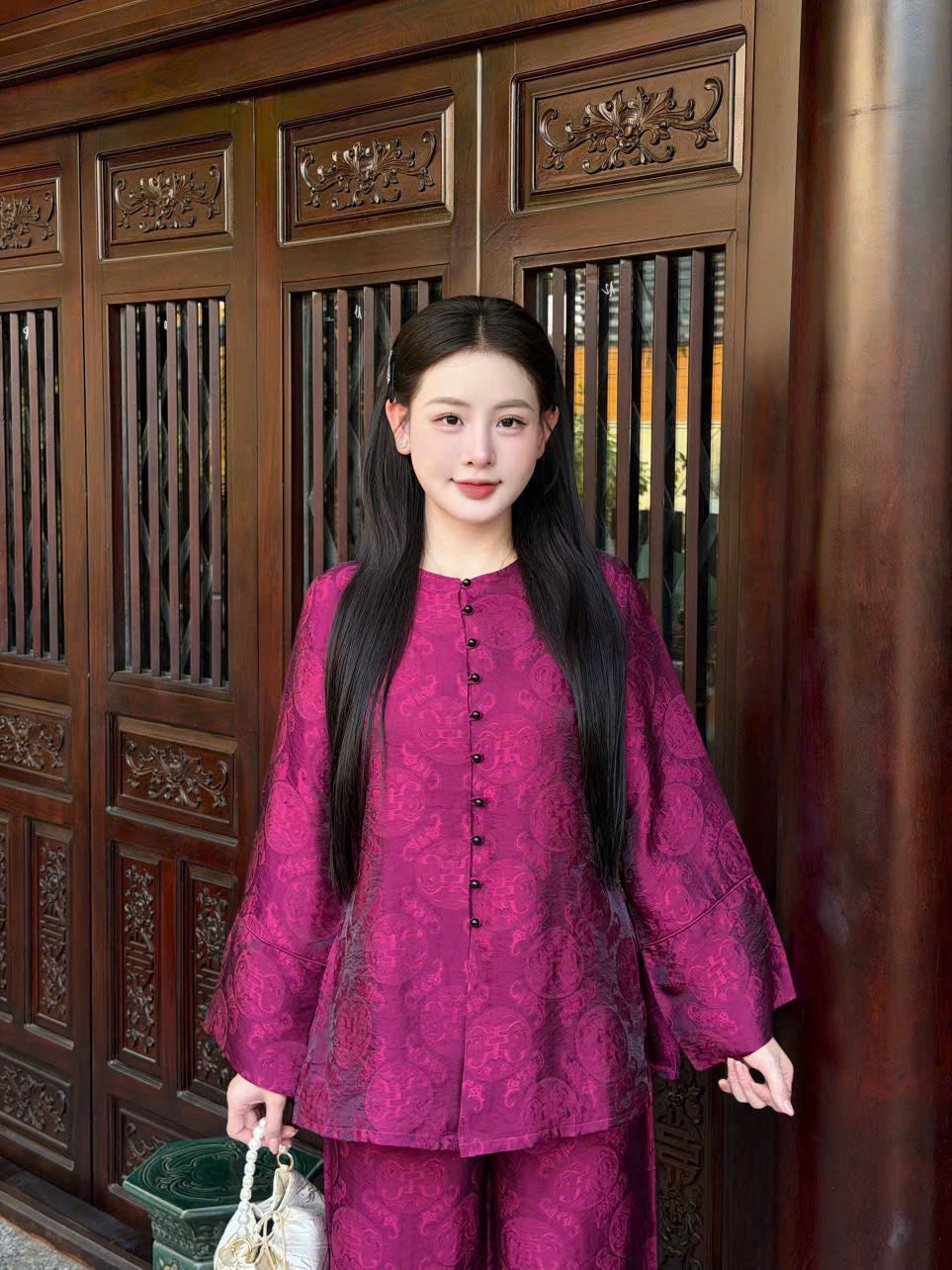 Traditional Vietnamese Áo Bà Ba Set - Plum Tunic with Wide-Leg Pants | Southern Vietnam Heritage Wear | Festive Wedding & Tết Outfit