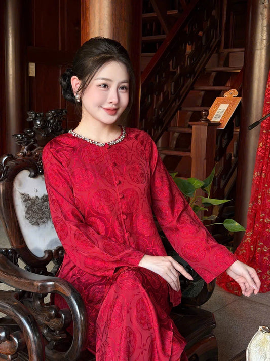 Red Áo Bà Ba Set - Traditional Vietnamese Top with Pants | Southern Vietnam Heritage Wear | Tết & Wedding Outfit
