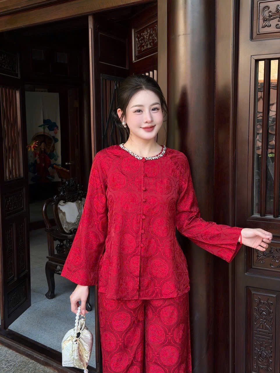 Red Áo Bà Ba Set - Traditional Vietnamese Top with Pants | Southern Vietnam Heritage Wear | Tết & Wedding Outfit