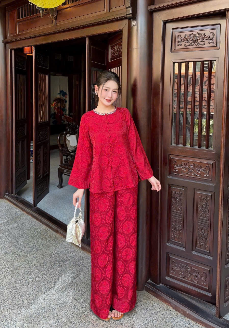 Red Áo Bà Ba Set - Traditional Vietnamese Top with Pants | Southern Vietnam Heritage Wear | Tết & Wedding Outfit