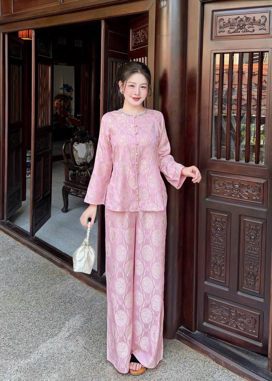 Traditional Vietnamese Áo Bà Ba Set - Soft Pastel Pink Tunic with Pants | Southern Vietnam Heritage Wear | Tết & Tea Ceremony Outfit