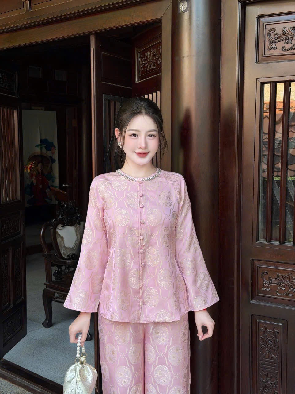 Traditional Vietnamese Áo Bà Ba Set - Soft Pastel Pink Tunic with Pants | Southern Vietnam Heritage Wear | Tết & Tea Ceremony Outfit