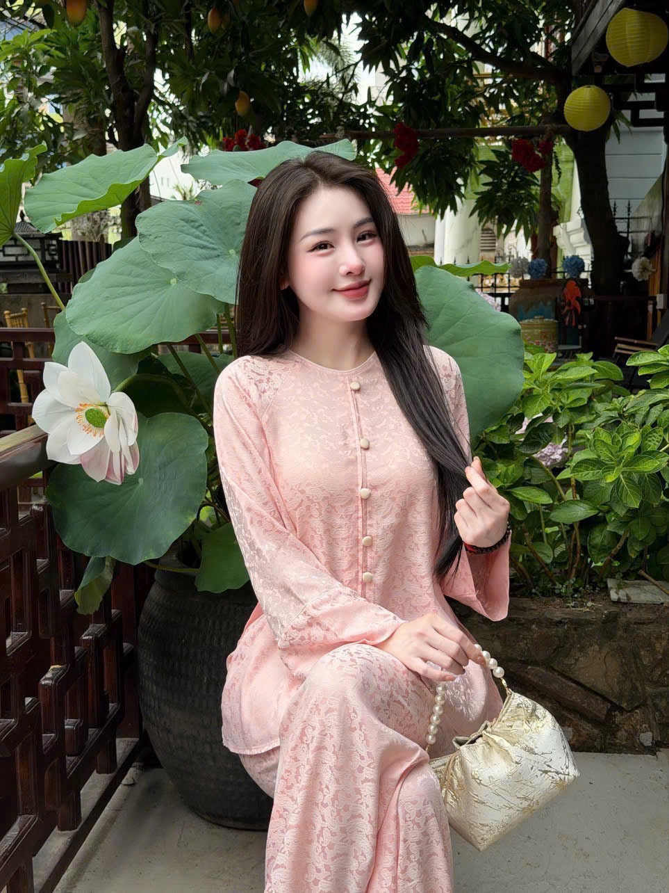 Traditional Vietnamese Áo Bà Ba Set - Pink Tunic with Pearl Buttons & Wide Pants | Southern Vietnam Heritage Wear | Modest Temple Outfit