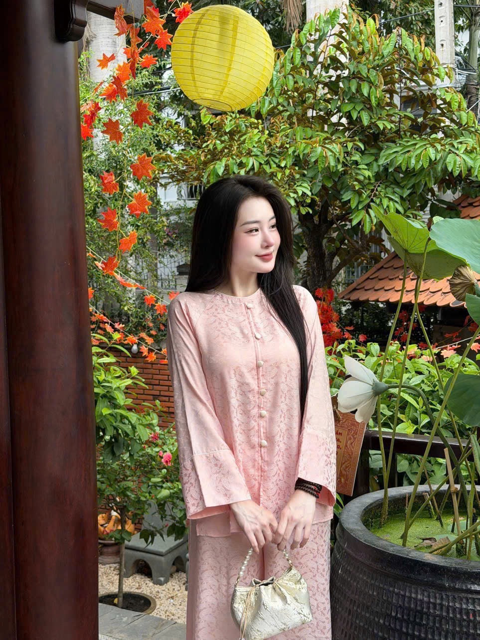 Traditional Vietnamese Áo Bà Ba Set - Pink Tunic with Pearl Buttons & Wide Pants | Southern Vietnam Heritage Wear | Modest Temple Outfit