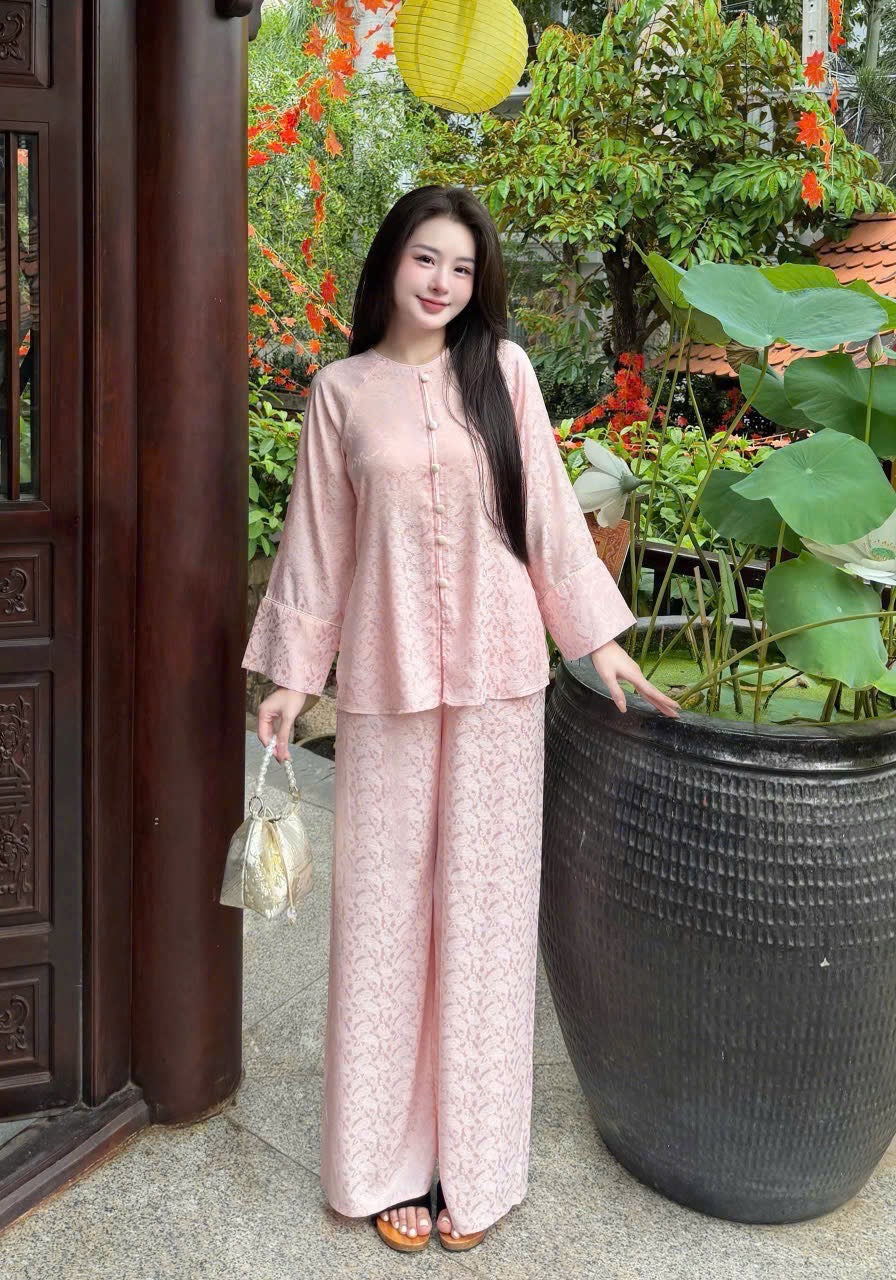 Traditional Vietnamese Áo Bà Ba Set - Pink Tunic with Pearl Buttons & Wide Pants | Southern Vietnam Heritage Wear | Modest Temple Outfit