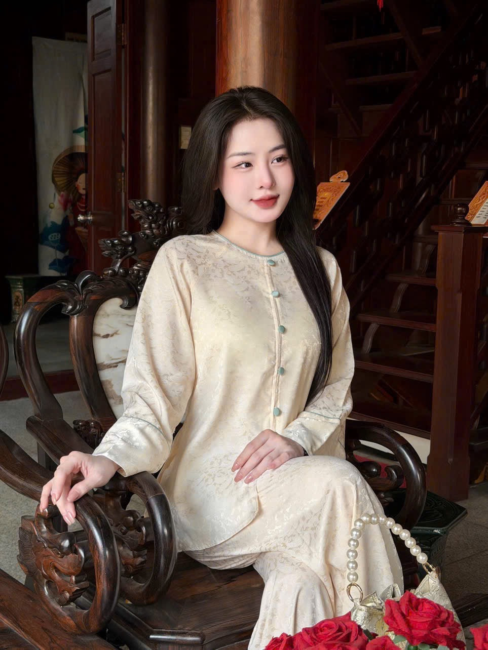 Traditional Vietnamese Áo Bà Ba Set - Cream Tunic with Pants | Southern Vietnam Heritage Wear | Modest Temple Outfit