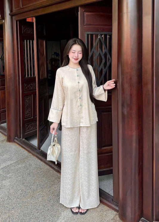 Traditional Vietnamese Áo Bà Ba Set - Cream Tunic with Pants | Southern Vietnam Heritage Wear | Modest Temple Outfit