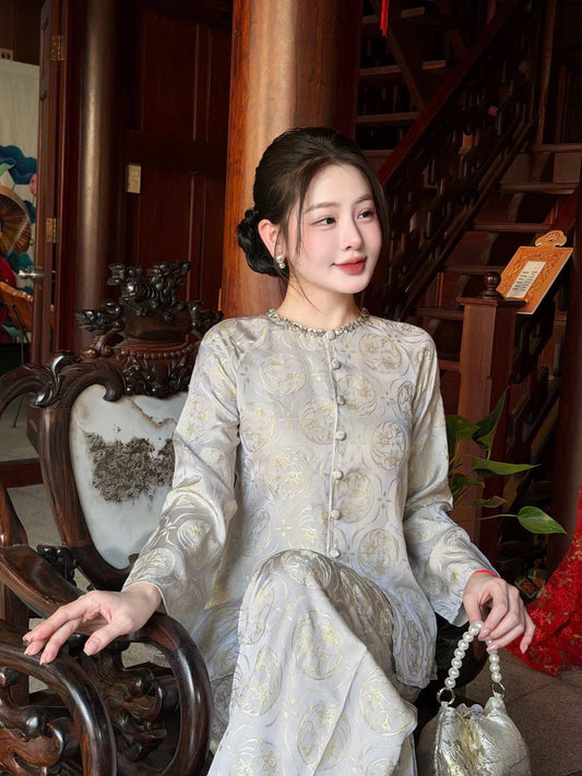 Traditional Vietnamese Áo Bà Ba Set - Elegant Silver Tunic with Pants | Southern Vietnam Heritage Wear | Modest Temple Outfit