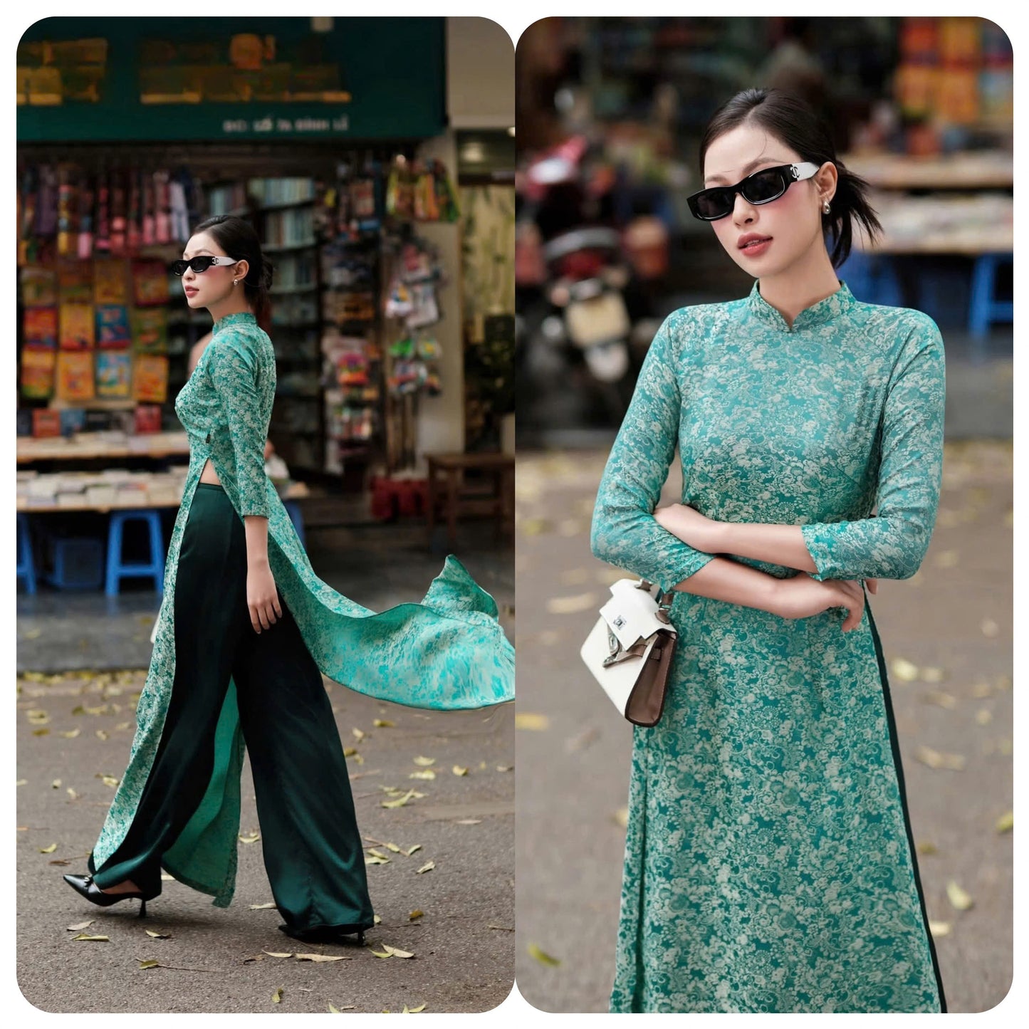 Green Floral Silk Áo Dài Set | Vietnamese Traditional Long Dress, Satin Trousers