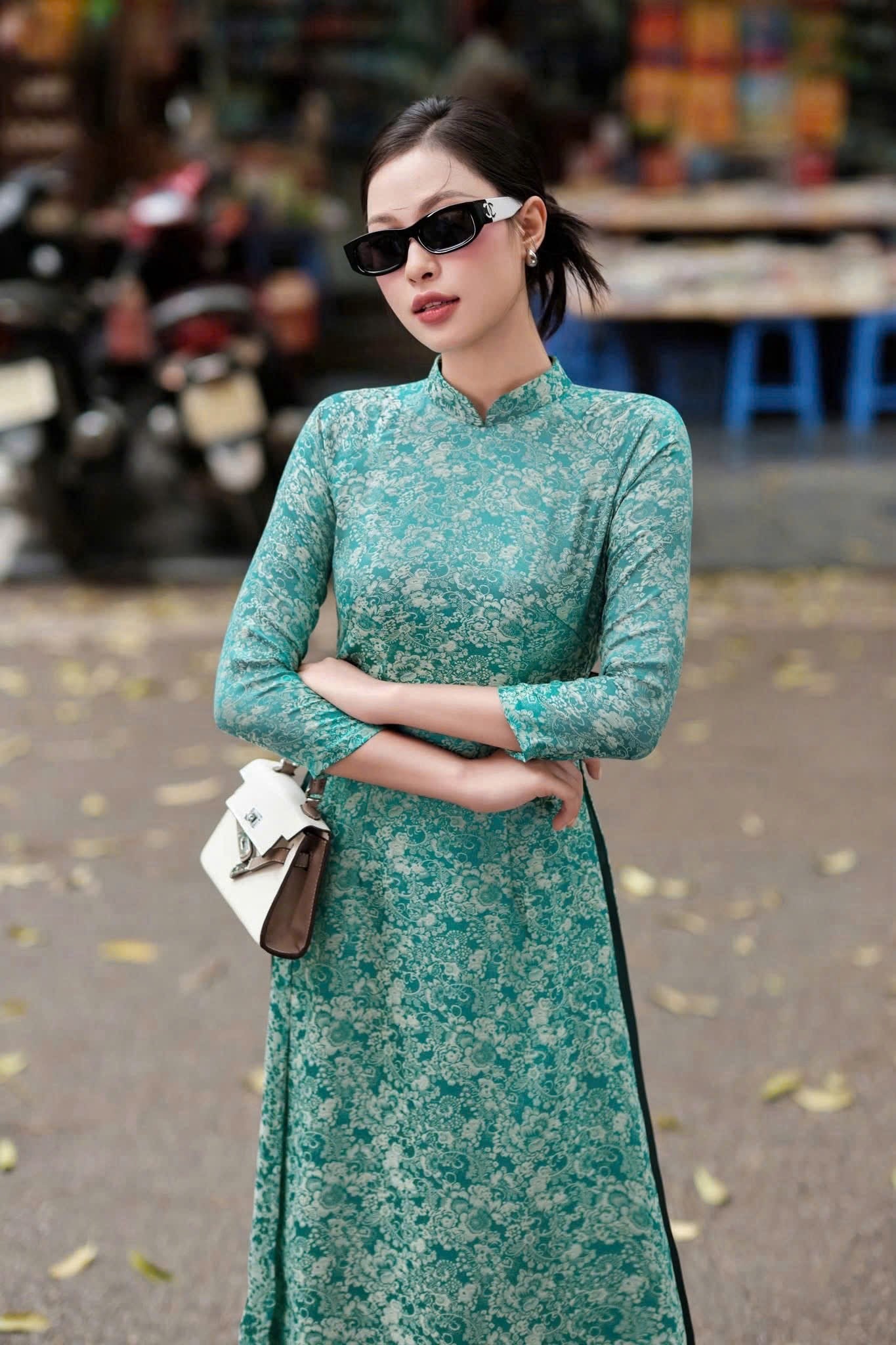 Green Floral Silk Áo Dài Set | Vietnamese Traditional Long Dress, Satin Trousers