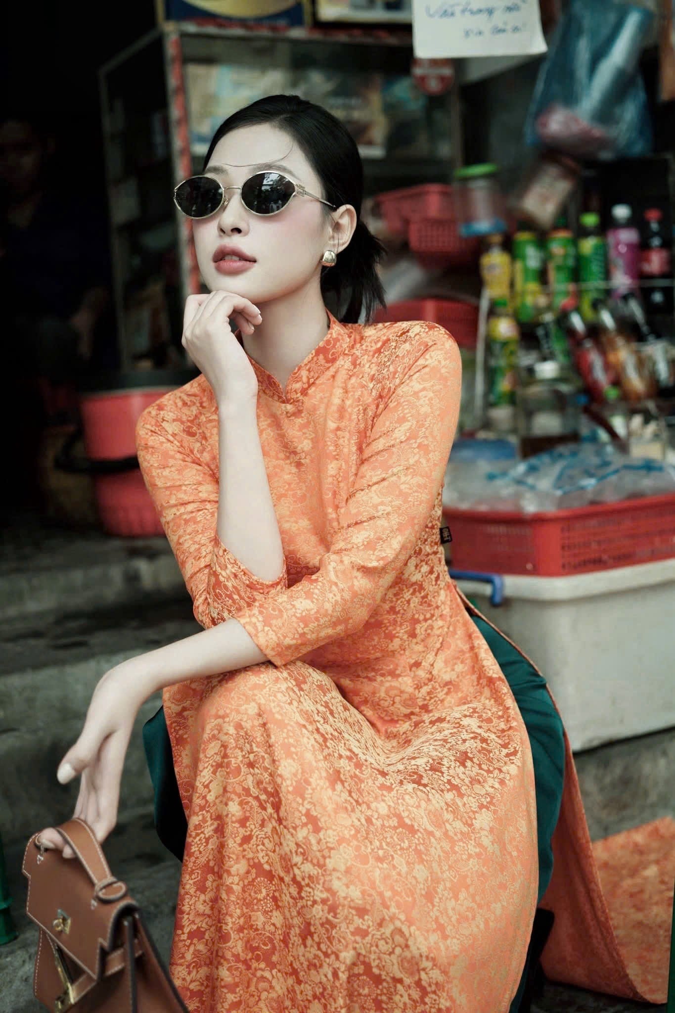 Orange Áo Dài Set with Green Silk Trousers | Vietnamese Traditional Formal Wear