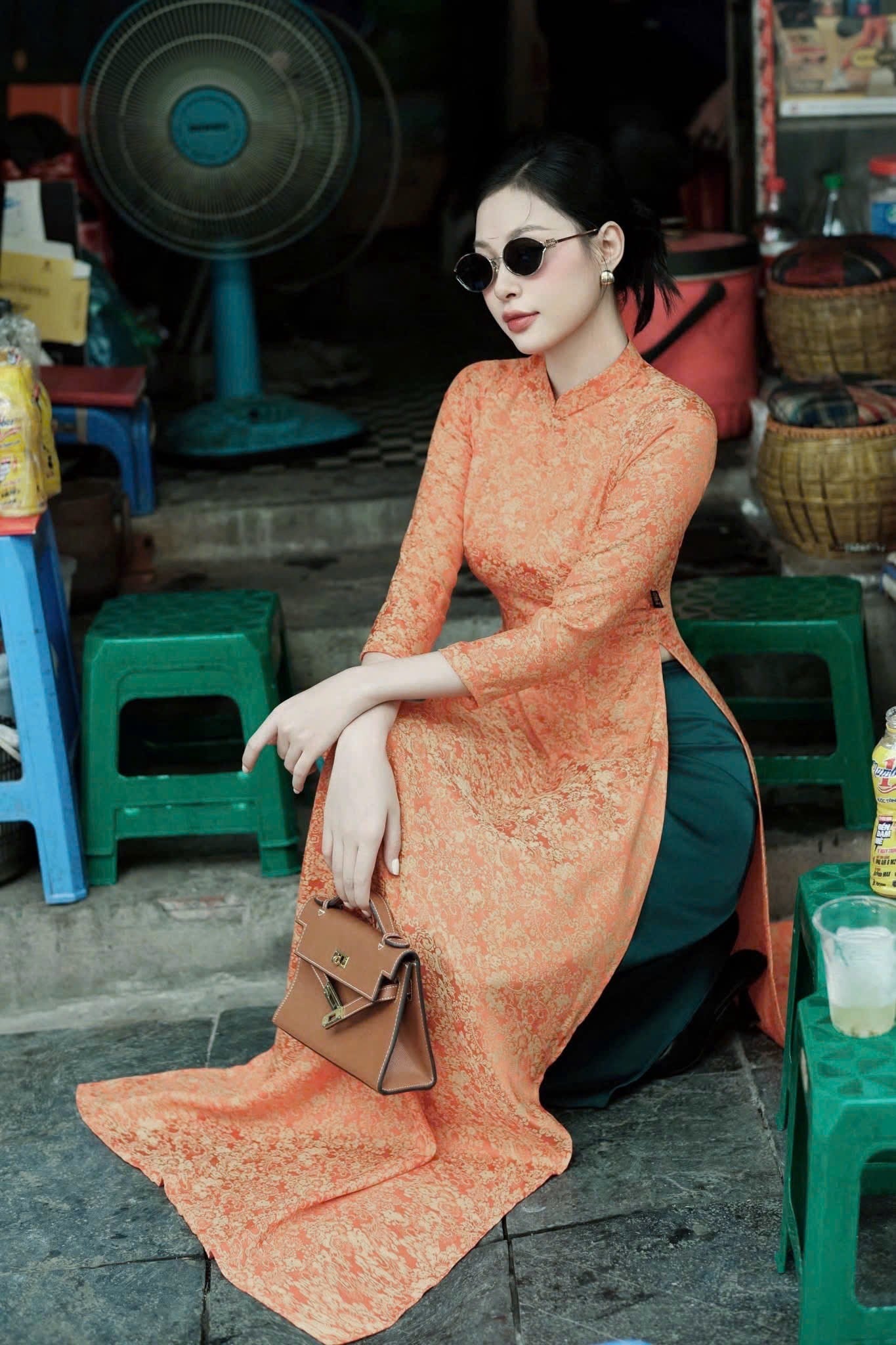 Orange Áo Dài Set with Green Silk Trousers | Vietnamese Traditional Formal Wear
