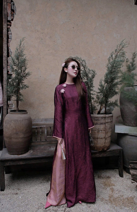 Dark Purple Silk Áo Dài and Pink Pants - Vietnamese Dress | Áo dài 4 tà lụa tơ tằm ánh kim tím