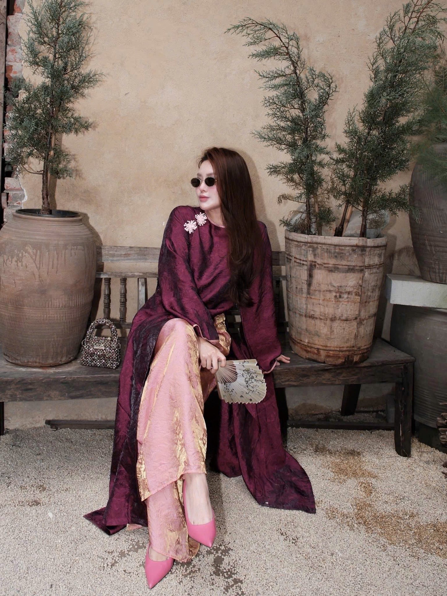 Dark Purple Silk Áo Dài and Pink Pants - Vietnamese Dress | Áo dài 4 tà lụa tơ tằm ánh kim tím