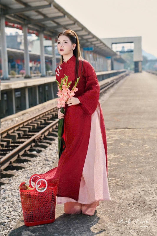 Modern Red Ao Dai Set - Silk Tunic with Blush Pink Trousers - Vietnamese Traditional Dress - Heritage Inspired Modern Outfit- Ao Dai Tết