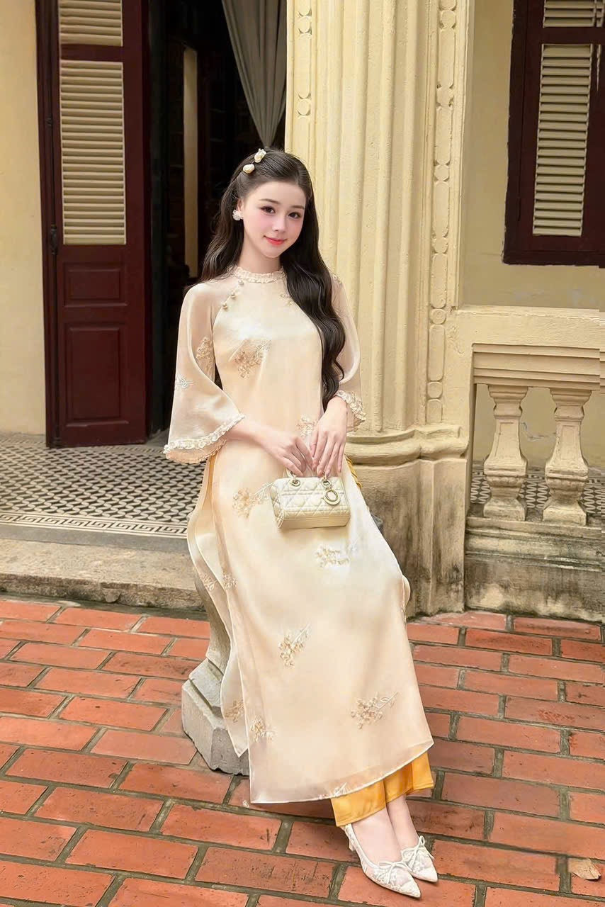 Champagne Organza Lace Trim Áo Dài Set | Graduation, Wedding, Tết Outfit
