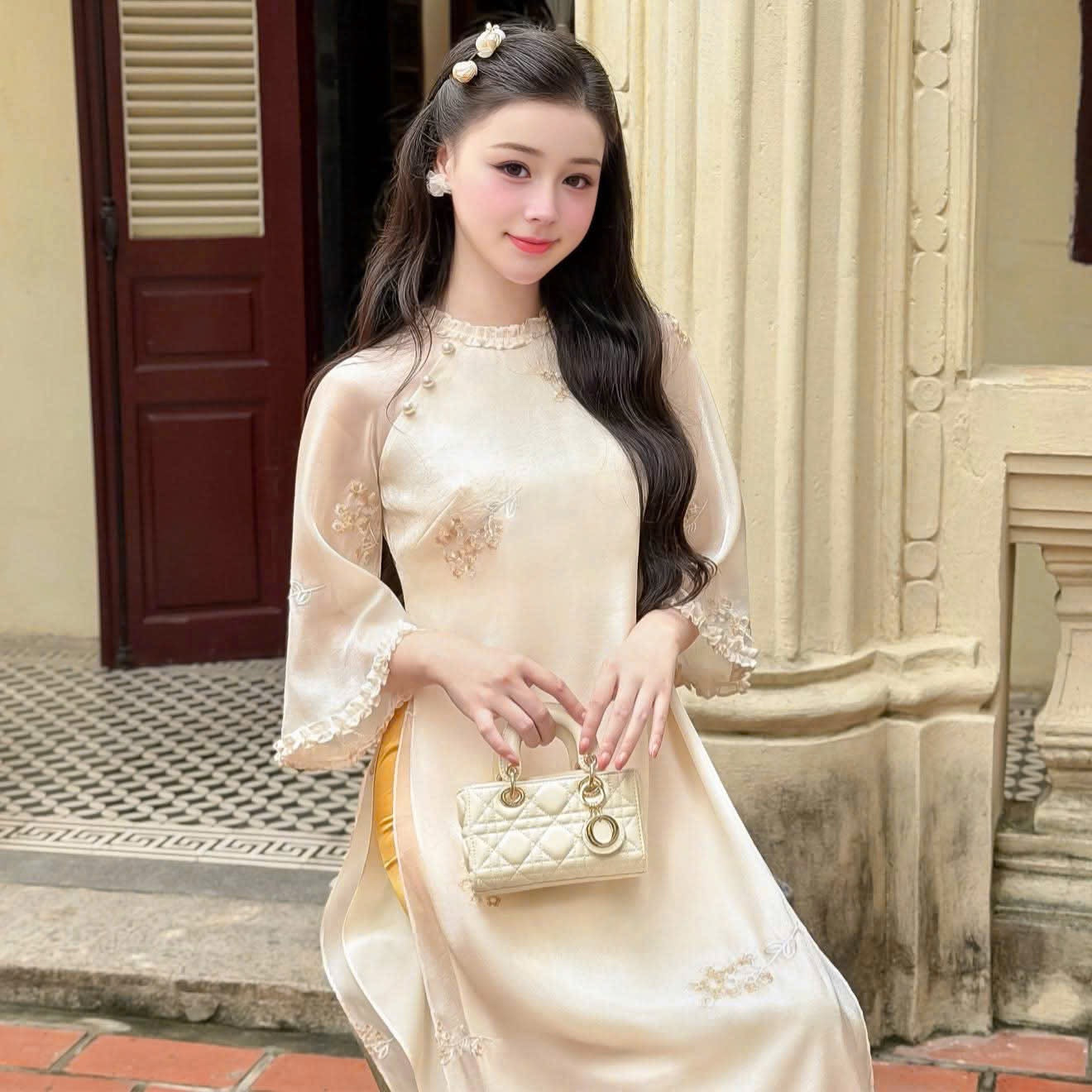 Champagne Organza Lace Trim Áo Dài Set | Graduation, Wedding, Tết Outfit