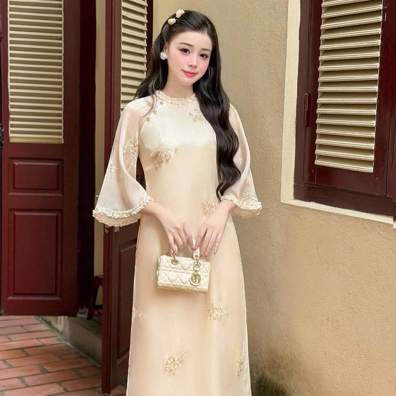 Champagne Organza Lace Trim Áo Dài Set | Graduation, Wedding, Tết Outfit