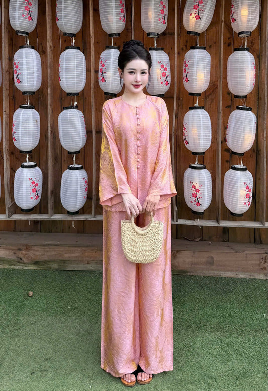 Rose Pink Silk Ao Ba Ba Set – Traditional Vietnamese Heritage Clothing