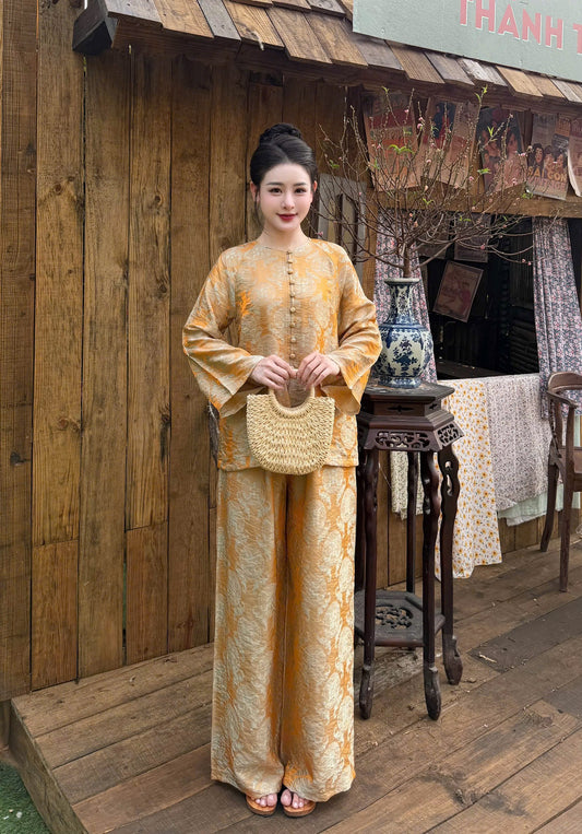 Golden Bronze Vietnamese Ao Ba Ba Set - Traditional Silk Tunic and Wide Leg Pants - Handmade Heritage Clothing - Bà Ba Tơ Tằm Ánh Kim