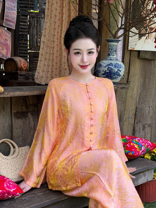 Orange Silk Ao Ba Set – Traditional Vietnamese Heritage Tunic Pants| Lunar New Year Outfit