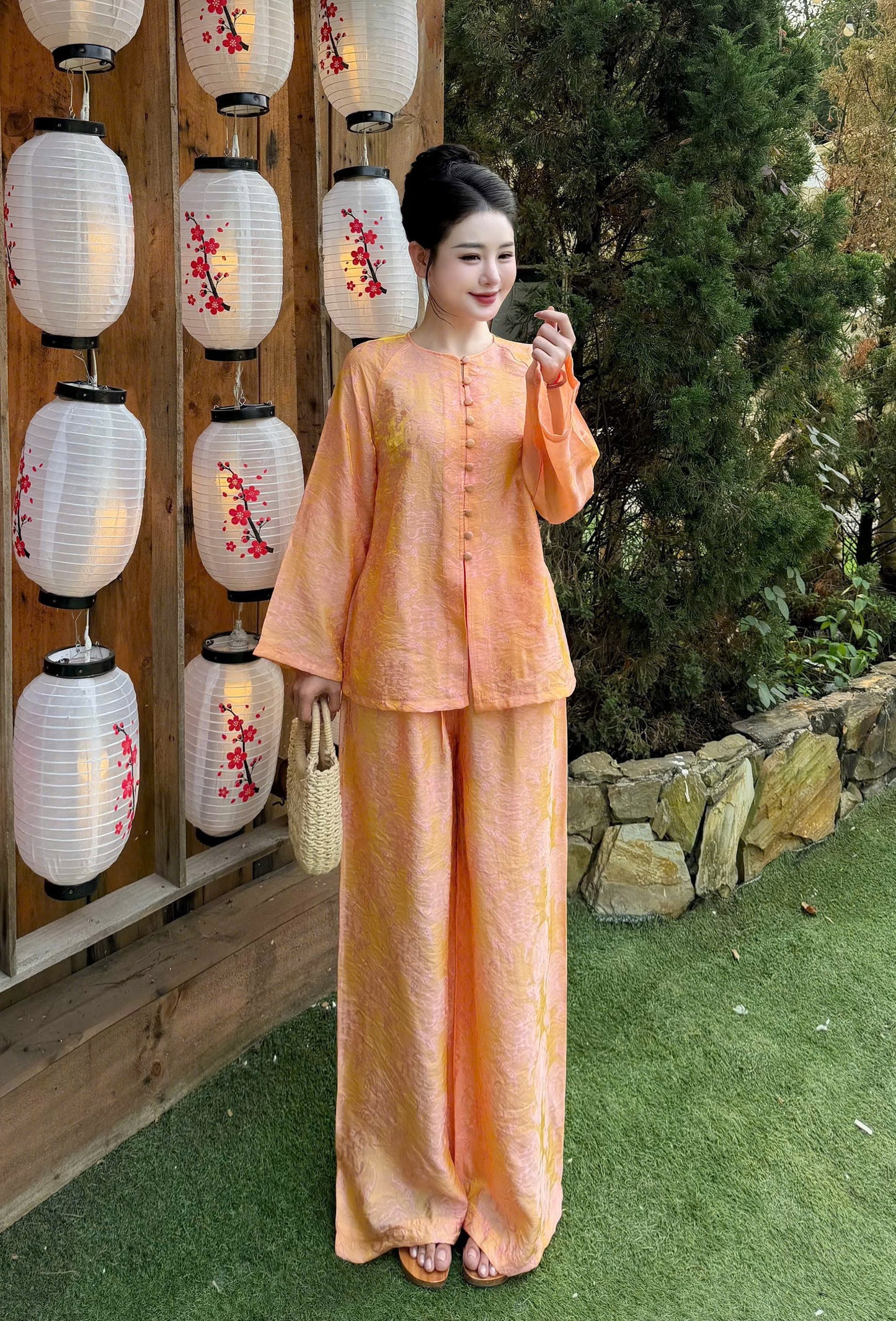 Orange Silk Ao Ba Set – Traditional Vietnamese Heritage Tunic Pants| Lunar New Year Outfit