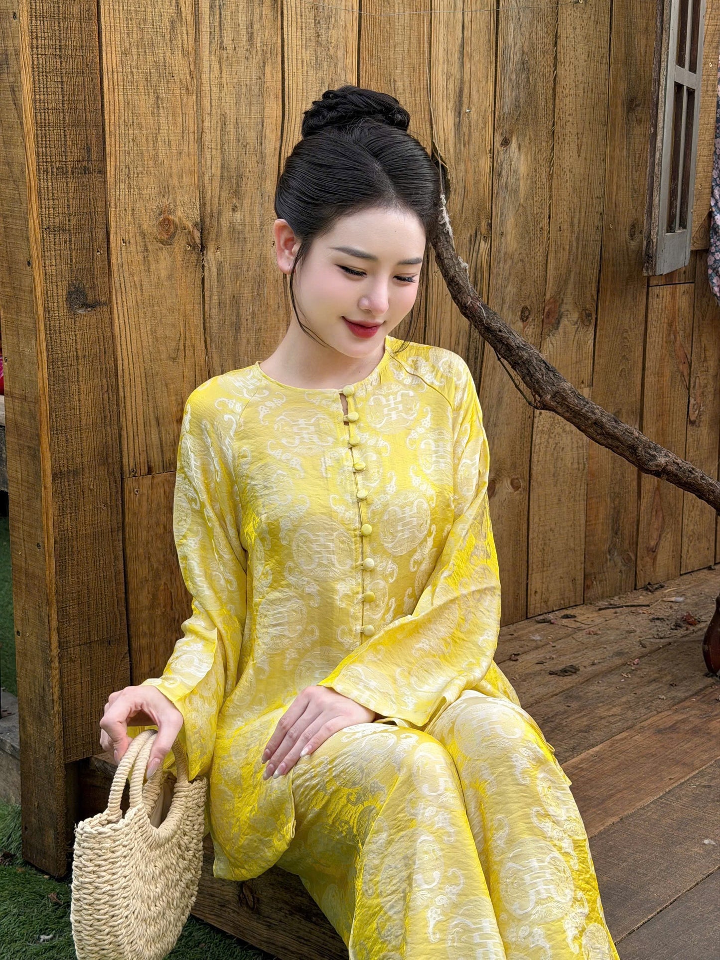 Vietnamese Ao Ba Ba Silk Set – Yellow Jacquard Tunic and Pants