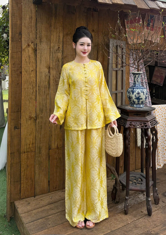 Vietnamese Ao Ba Ba Silk Set – Yellow Jacquard Tunic and Pants